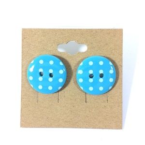 Button Stud Earrings Women Girls Blue White Dots